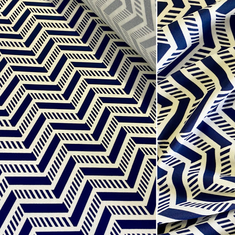 Chevron Print Stretch Navy Blue & White Stripe Lycra Fabric - 1m