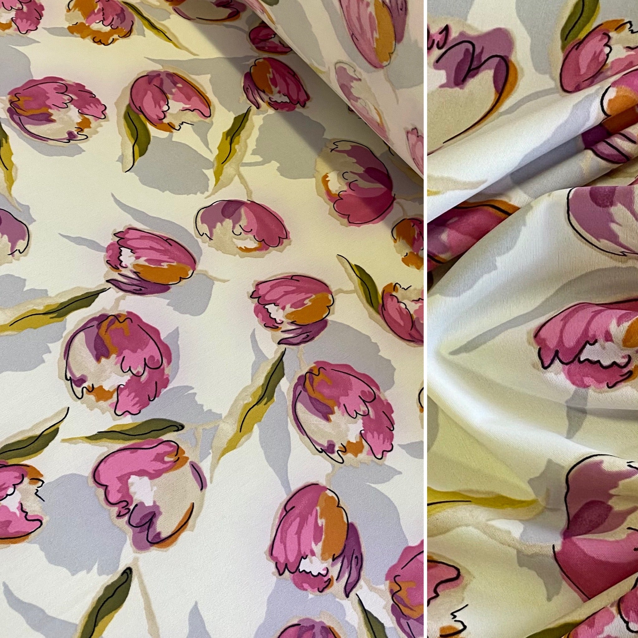 Pink, Green & Cream “Tulip” Print Nylon Lycra Fabric - 1m