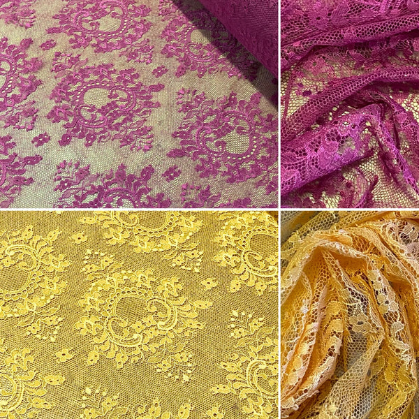 Yellow & Fuchsia Pink Allover Stretch Leavers Lace (150cm wide) - 1m