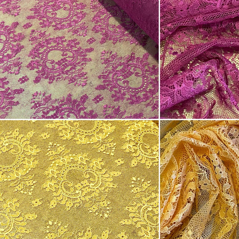 Yellow & Fuchsia Pink Allover Stretch Leavers Lace (150cm wide) - 1m