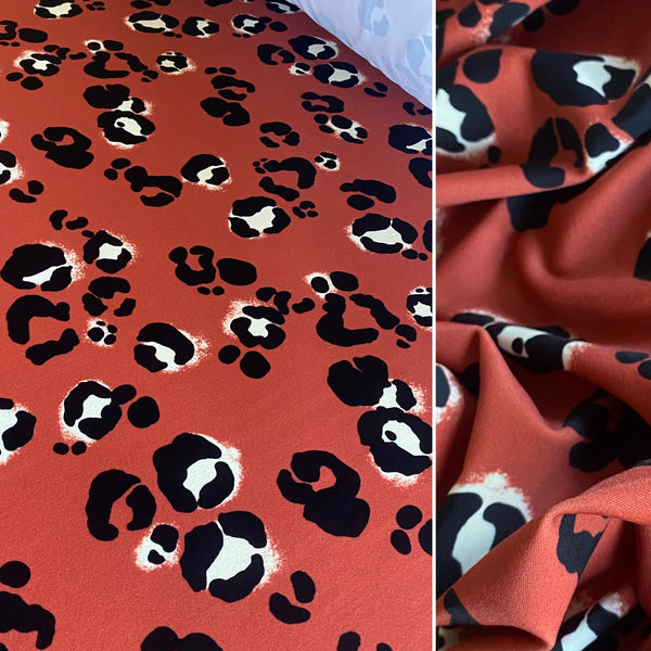 Burnt Orange Black & White Leopard Animal Print Nylon Lycra Swim Fabric - 1m