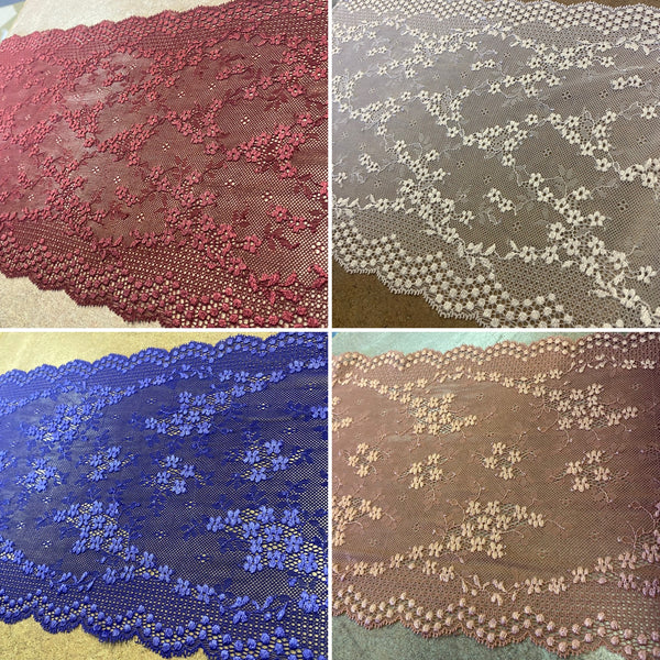 White Canyon Rose Electric Blue and Maroon Stretch Galloon Lace (22cm Wide) - 1m