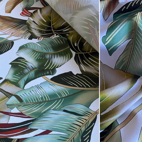 White, Brown and Green Leaf print Tropical Lycra Fabric - 1m