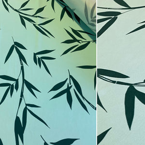 Dark Green Bamboo Leaf on Turquoise Print Lycra Fabric - 1m