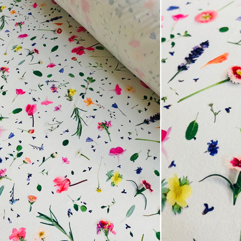 Pure White, Yellow & Blue, Pink & Daisy Floral “English Meadow” Lightweight Lycra Fabric - 1m