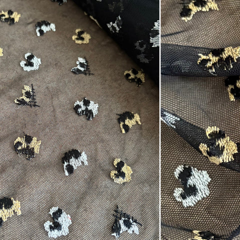 Black, Gold and White Allover Stretch Leopard Allover Embroidery on Black Mesh Tulle Net - 1m