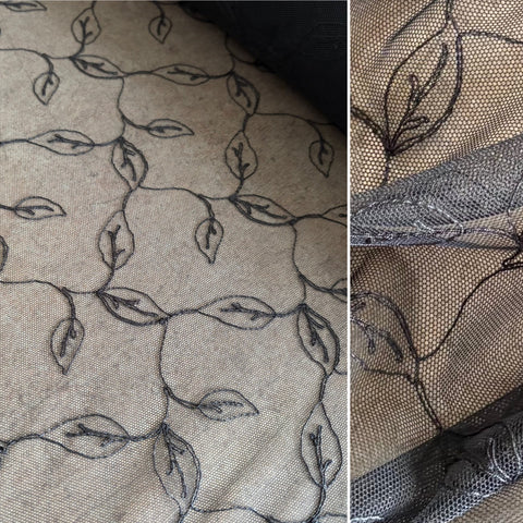 Black Allover Rigid “Ivy” / Leaf Embroidery on Black Mesh Tulle Net - 1m