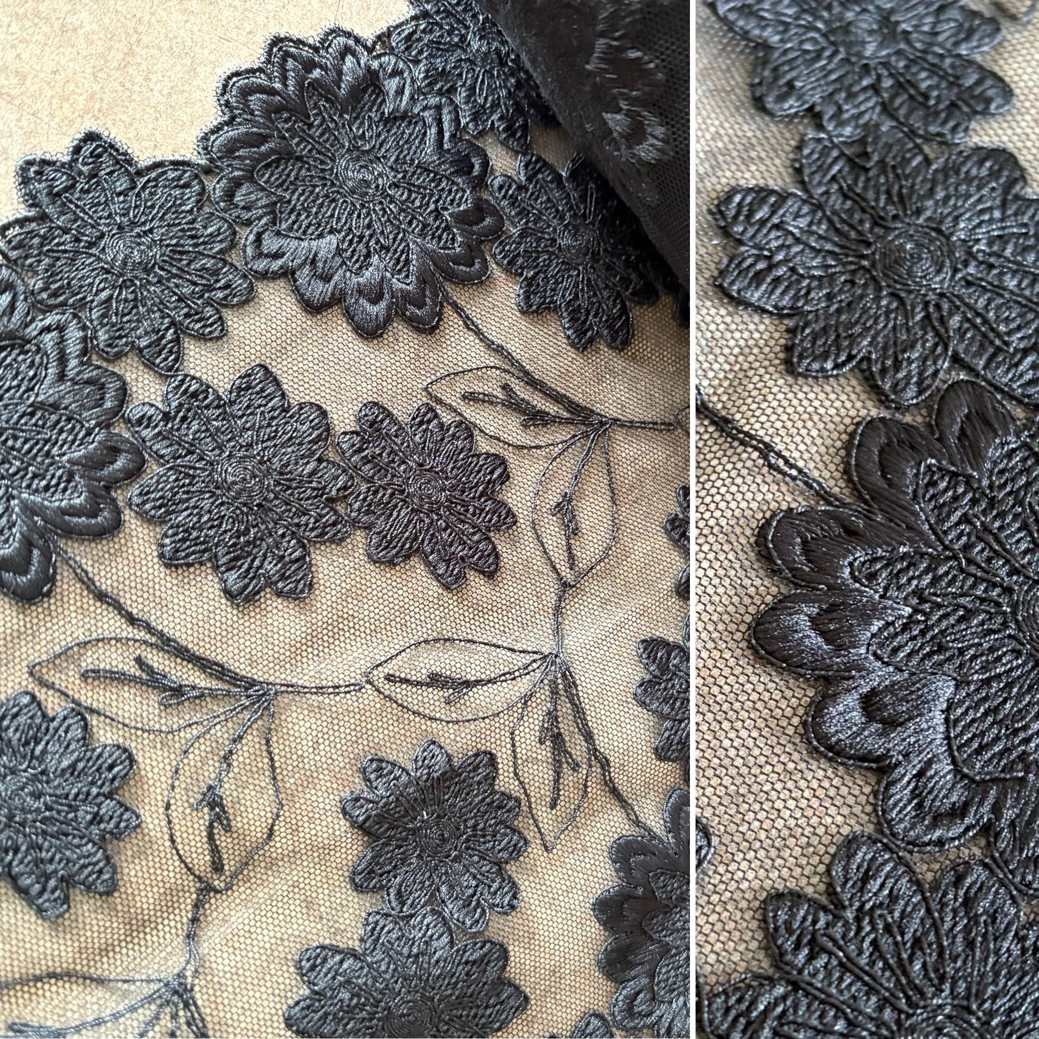 Black Floral Ivy Embroidery Galloon Edging “Lace” (21cm Wide) - 1m