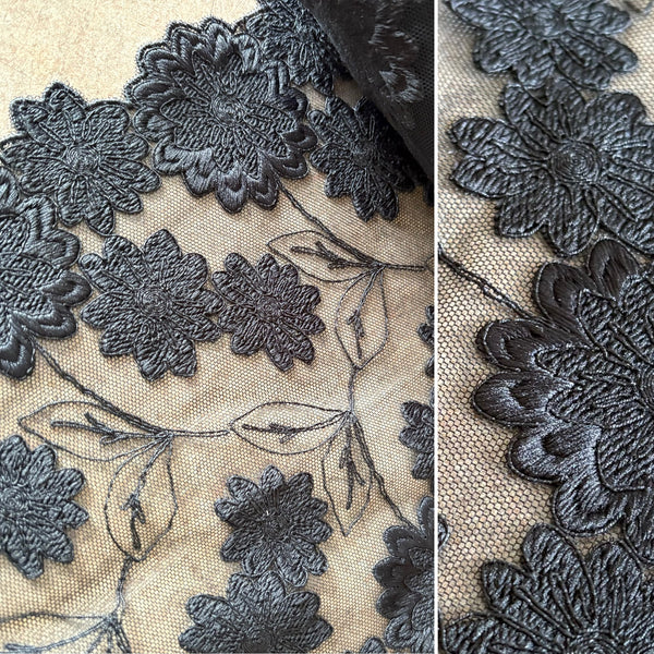 Black Floral Ivy Embroidery Galloon Edging “Lace” (21cm Wide) - 1m