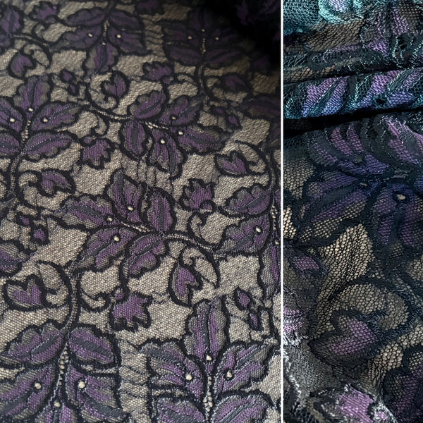 Black and Black / Purple Floral Rigid Allover Lace (145cm wide) - 1m