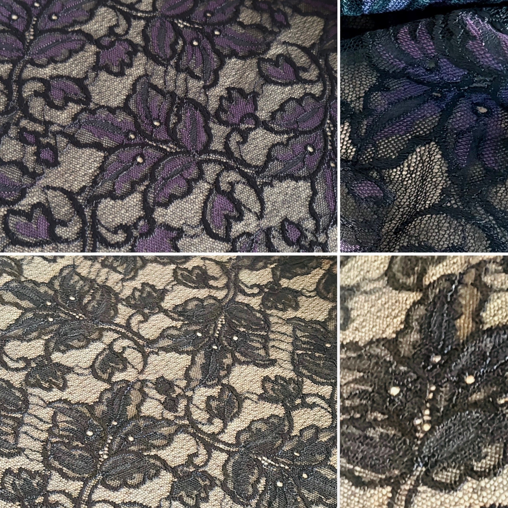 Black and Black / Purple Floral Rigid Allover Lace (145cm wide) - 1m