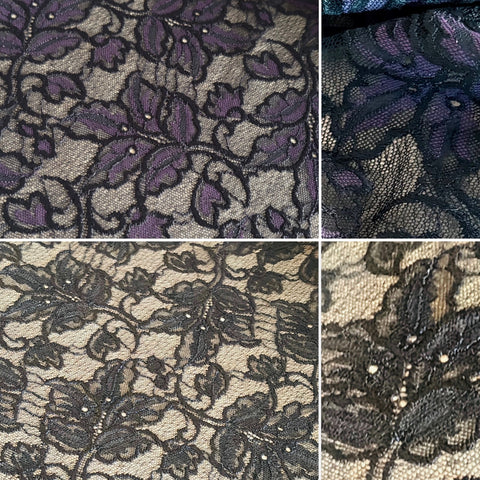 Black and Black / Purple Floral Rigid Allover Lace (145cm wide) - 1m