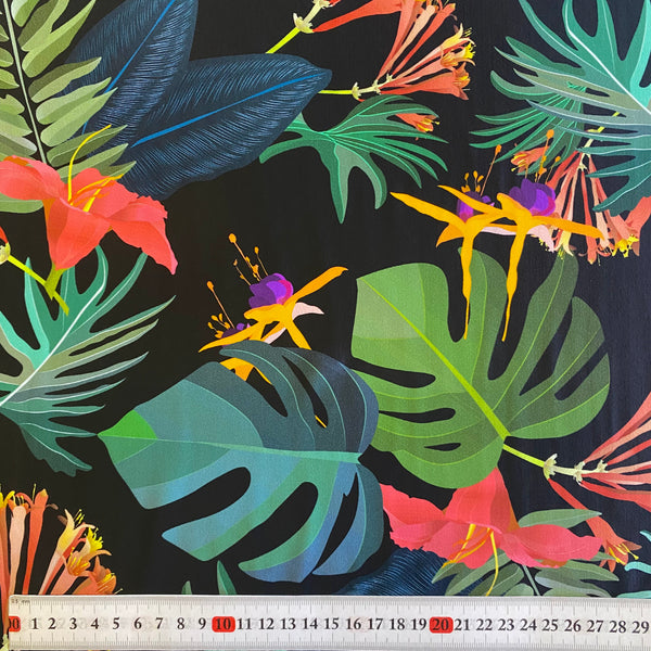 Tissu Lycra Tropical à Imprimé Feuilles de Palmier Noir, Jaune, Vert et Bleu « Cartoon » - 1 m