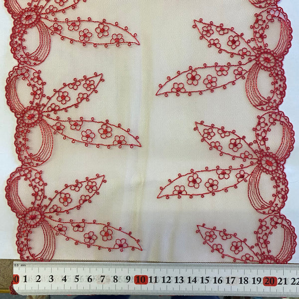 Ivory or Red & Ivory & Eau De Nil “Bow” stretch Embroidery Galloon Edging “Lace” (23cm Wide) - 1m