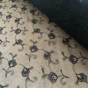 Black Allover Rigid Paisley Embroidery on Black Mesh Tulle Net - 1m