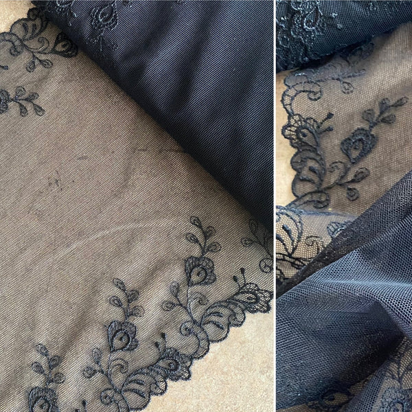 Black Stretch Paisley Floral Embroidery Galloon Edging “Lace” (22cm Wide) - 1m