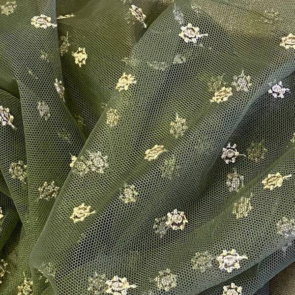 Quartz Grey or Olive Green Crown Spotty Lightweight Stretch or Rigid Embroidery Mesh Tulle Net - 1m