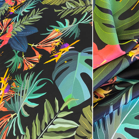 “Cartoon” Black, Yellow, Green & Blue Palm Leaf Print Tropical Lycra Fabric - 1m