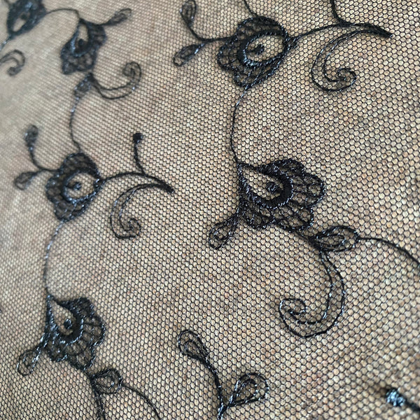 Black Allover Rigid Paisley Embroidery on Black Mesh Tulle Net - 1m