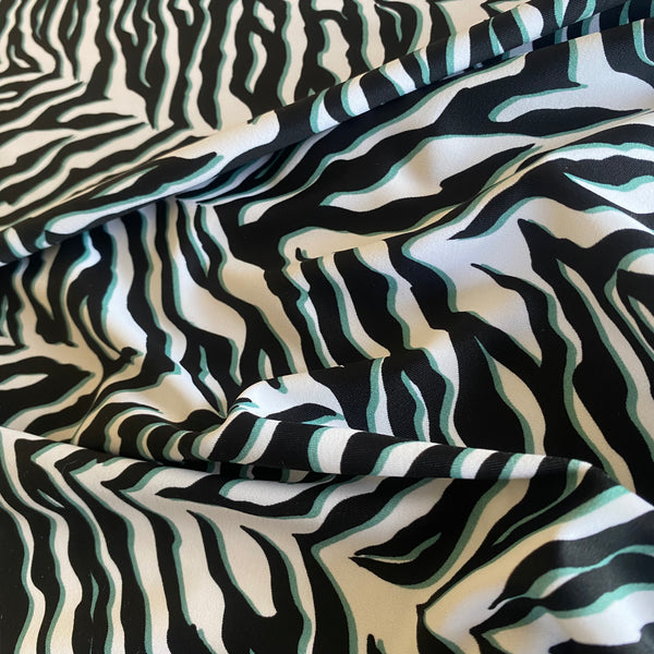Black Green & White Zebra / Tiger Animal Print Nylon Lycra Swim Fabric - 1m