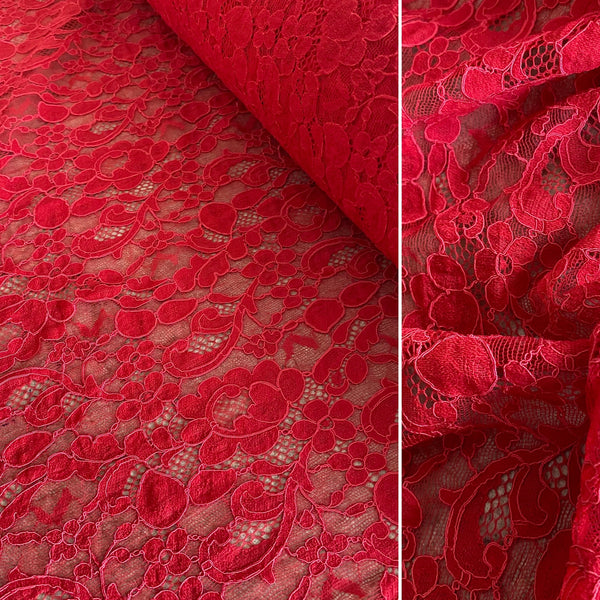 Off White Ivory & Black & Crimson Sophie Hallette Allover Stretch Leavers Corded Lace (140cm wide) - 1m