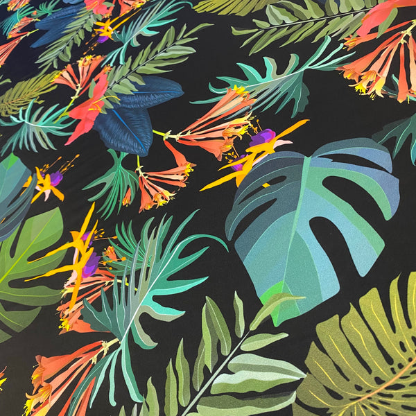 Tissu Lycra Tropical à Imprimé Feuilles de Palmier Noir, Jaune, Vert et Bleu « Cartoon » - 1 m