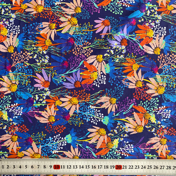 “Daisy” Blue, White, Orange & Yellow Floral on ‘Cotton Feel’ Lycra Fabric - 1m