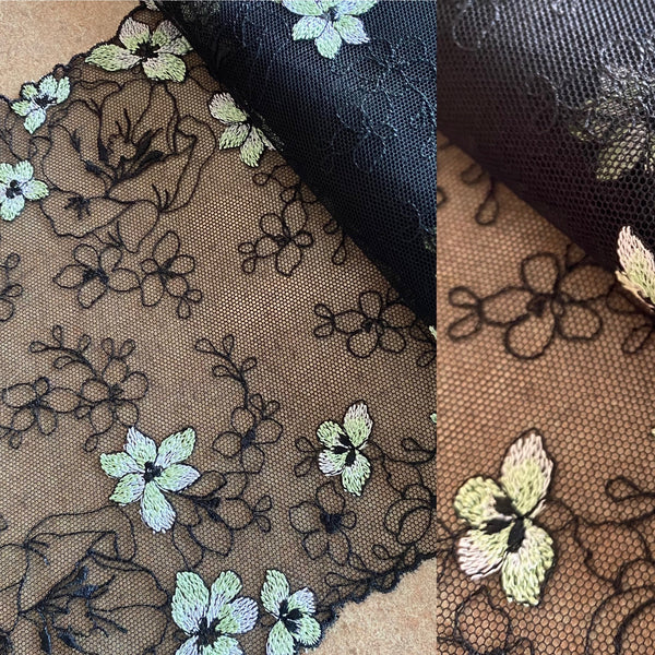 Black & Aqua Petal Floral Embroidery Galloon Edging “Lace” (18cm Wide) - 1m
