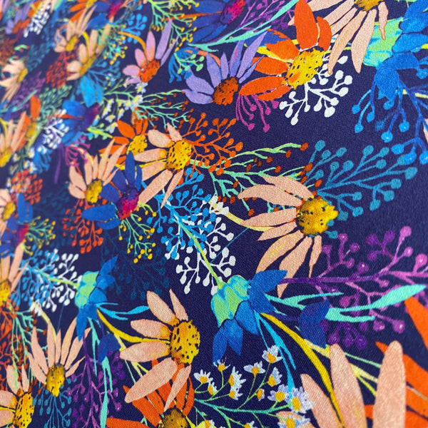 “Daisy” Blue, White, Orange & Yellow Floral on ‘Cotton Feel’ Lycra Fabric - 1m