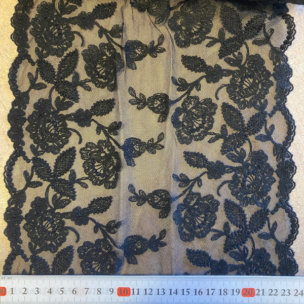 Black Stretch Floral Embroidery Galloon Edging “Lace” (25cm Wide) - 1m