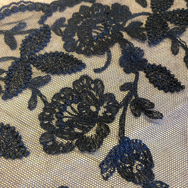 Black Stretch Floral Embroidery Galloon Edging “Lace” (25cm Wide) - 1m