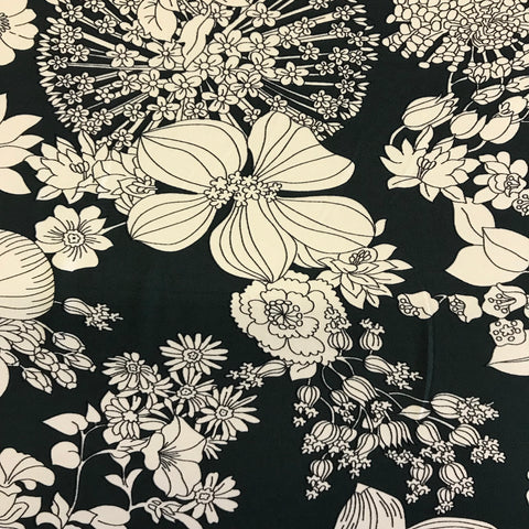 Stretch White Floral on Green Cotton Feel Lycra Fabric 1m