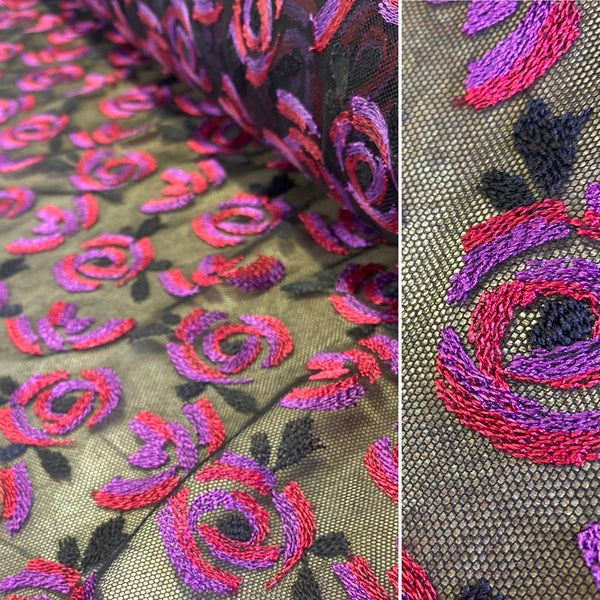 Black Purple & Pink / Aqua & Pink Soft Lightweight Stretch or Rigid Embroidery Mesh Tulle Net - 1m