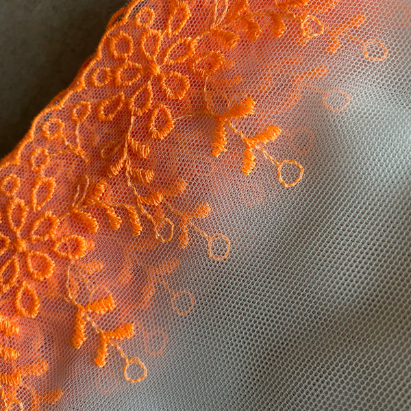 Fluorescent Orange Floral Embroidery Edging “Lace” (17cm Wide) - 1m