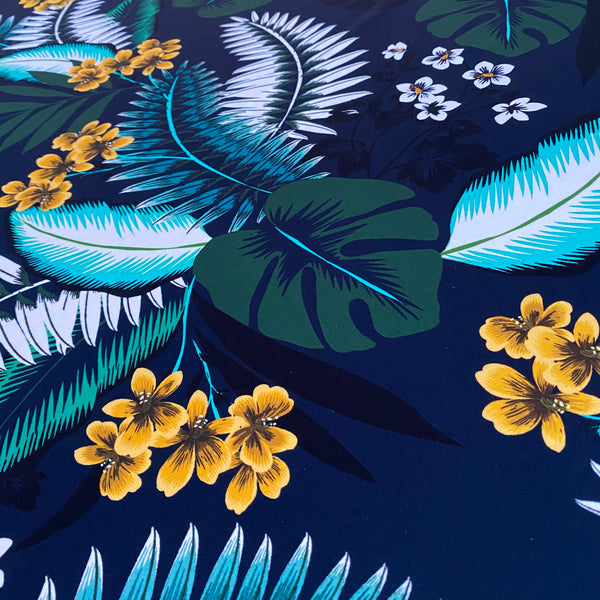 Green, Yellow, Aqua and Navy Fern Leaf print Tropical Lycra Fabric - 1m