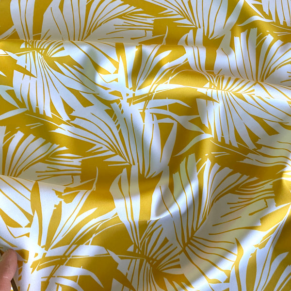 Sunshine Yellow and Petrol Blue Fern Leaf Print Tropical Lycra Fabric - 1m