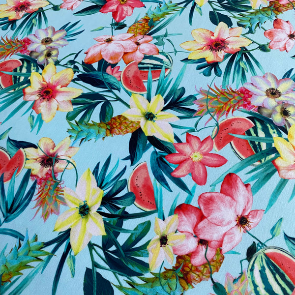 Sky Blue, Yellow, Coral, Pineapple,, Watermelon & Fern Leaf Print Tropical Lycra Fabric - 1m
