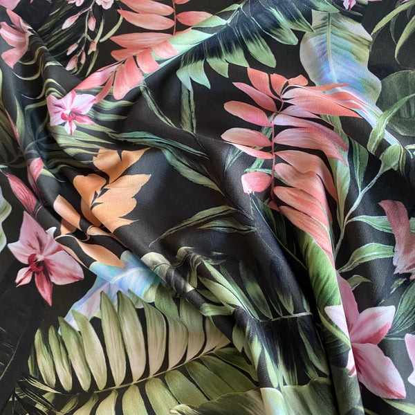 Black, Green, Orange and Blue Fern Leaf print Tropical Lycra Fabric - 1m