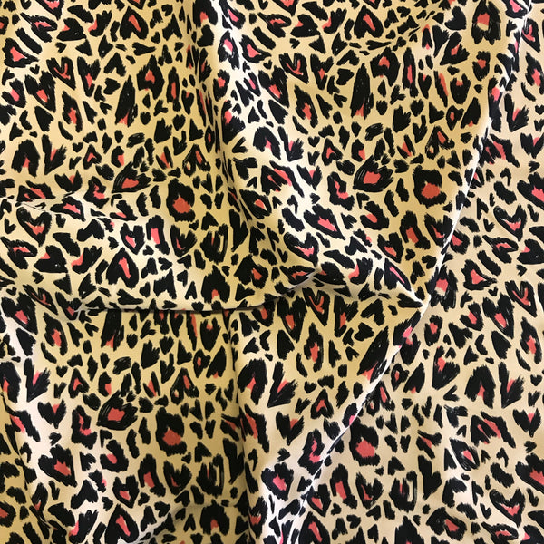 Stretch Black Pink & Beige Leopard Heart Lycra Fabric 1m