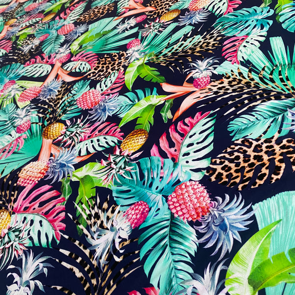 Green, Yellow, Leopard, Pineapple and Navy Fern Leaf Print Tropical Lycra Fabric - 1m