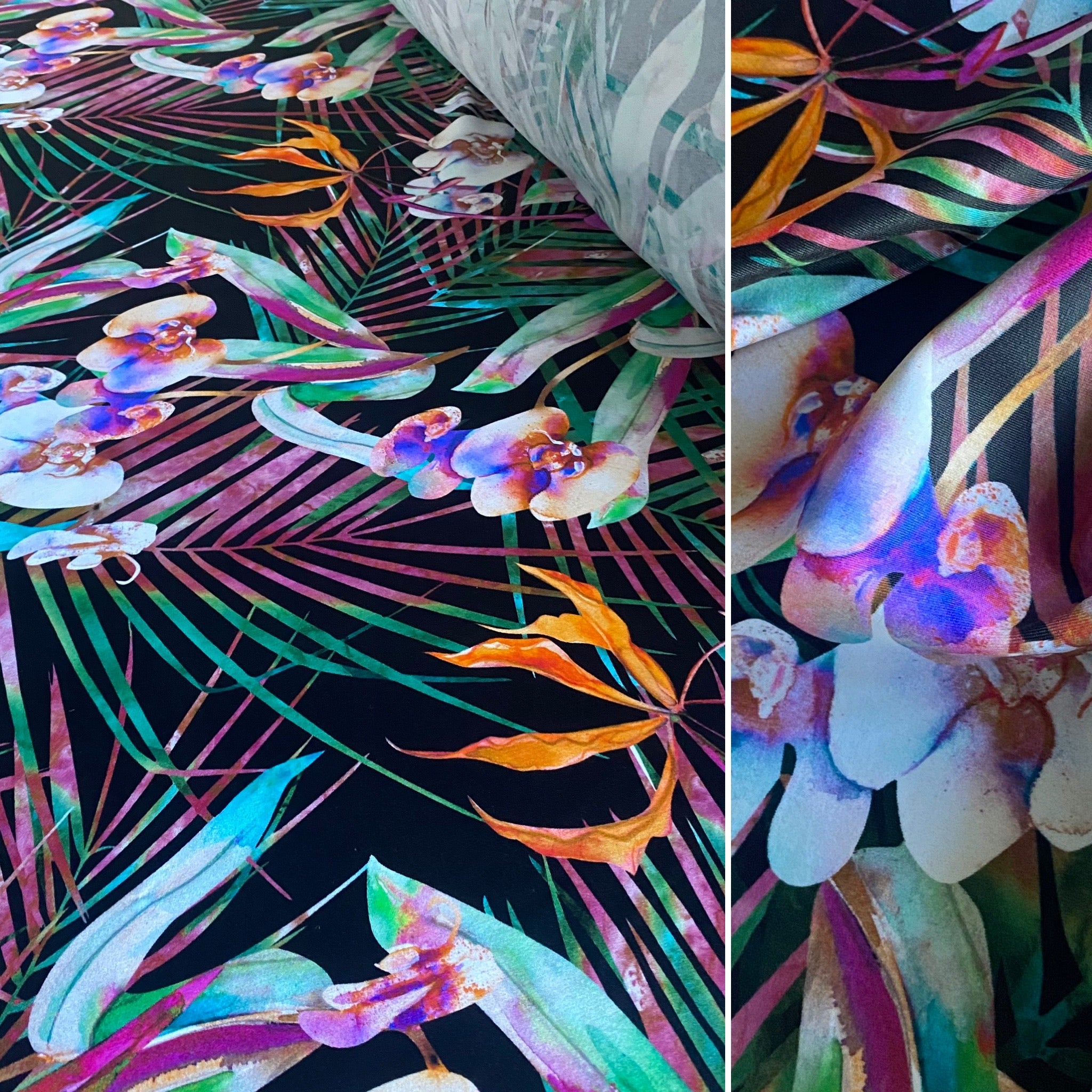 Orange, Green, Blue & Pink Palm Leaf Print Tropical Lycra Fabric - 1m