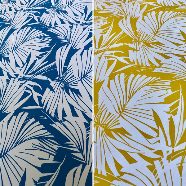 Tissu Lycra Tropical Imprimé Feuilles de Fougère Jaune Soleil et Bleu Pétrole - 1m