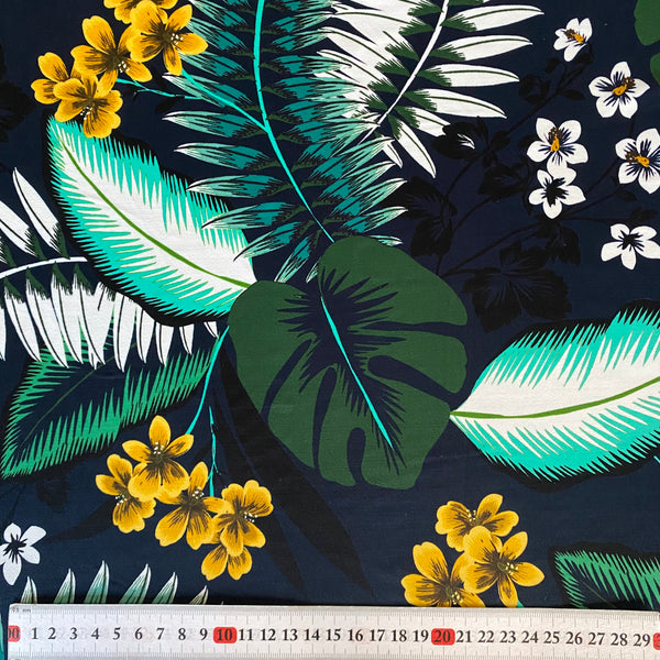 Green, Yellow, Aqua and Navy Fern Leaf print Tropical Lycra Fabric - 1m
