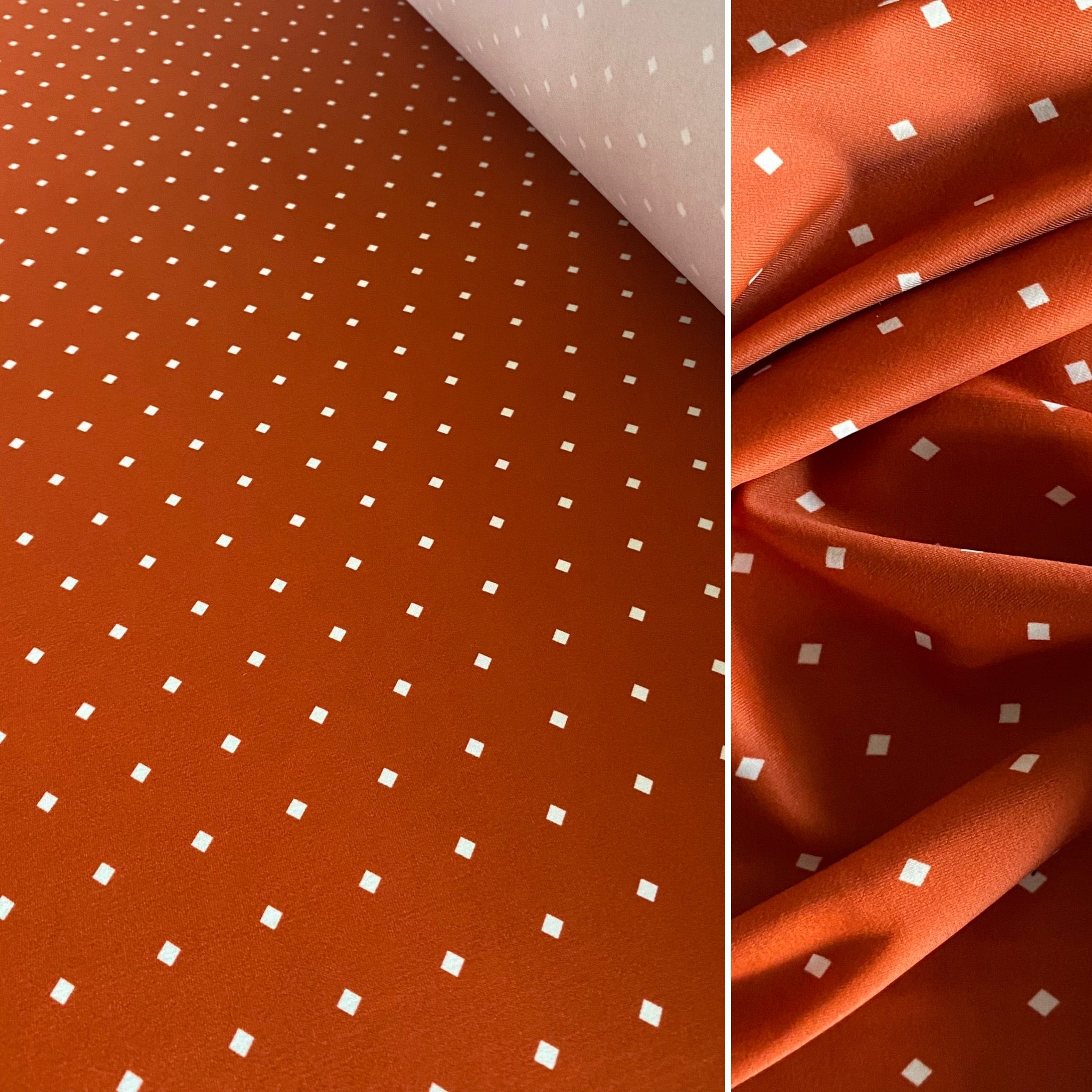 Terracotta Red Brown w/ White Polka Dot Square Spot Lycra Fabric - 1m