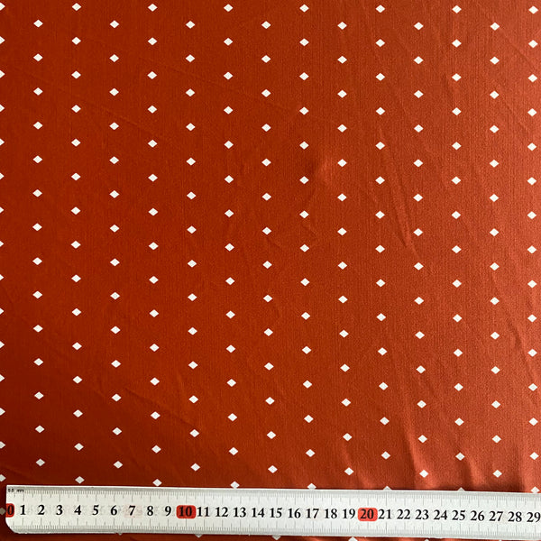 Terracotta Red Brown w/ White Polka Dot Square Spot Lycra Fabric - 1m