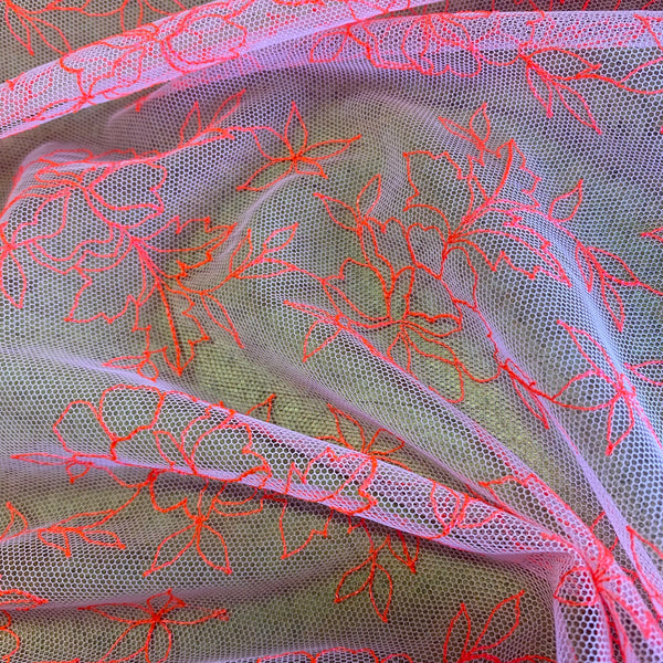 Fluorescent Coral Allover Embroidery on Pink Mesh Tulle Net - 1m