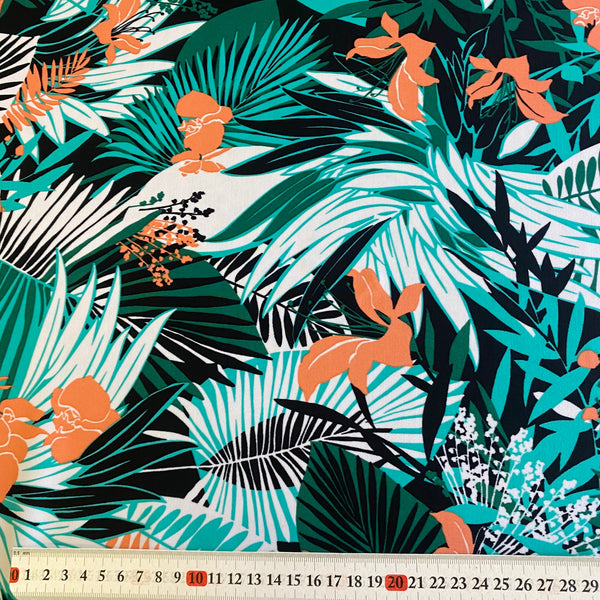 Coral Aqua Green Leaf print Tropical Lycra Fabric - 1m