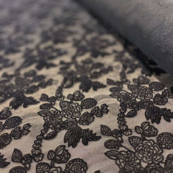 Black & Ivory / Beige Floral Flocked Velour Soft Lightweight Stretch Embroidery on Black Mesh Tulle Net - 1m
