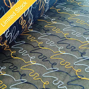 Yellow Black & White LOVE Lightweight Rigid Embroidery on Black Mesh Tulle Net - 1m
