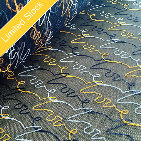 Yellow Black & White LOVE Lightweight Rigid Embroidery on Black Mesh Tulle Net - 1m